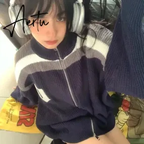 Y2k Grunge Letter Zip Up Sweater Cardigan Women Harajuku Vintage Striped Patchwork Oversize Knitted Top Kpop Jumper